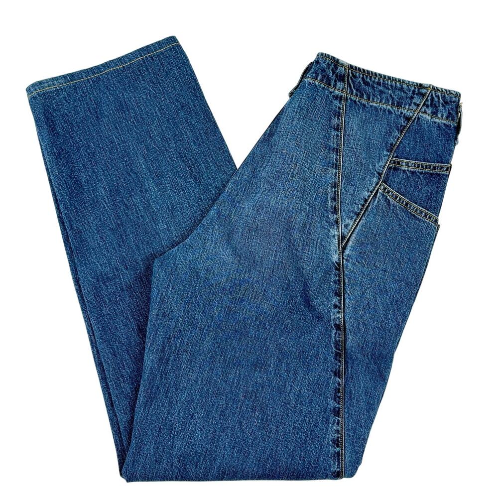 Rachel Comey Long Trigger High Rise Denim Jeans Straight Leg Angled Seams Sz 10